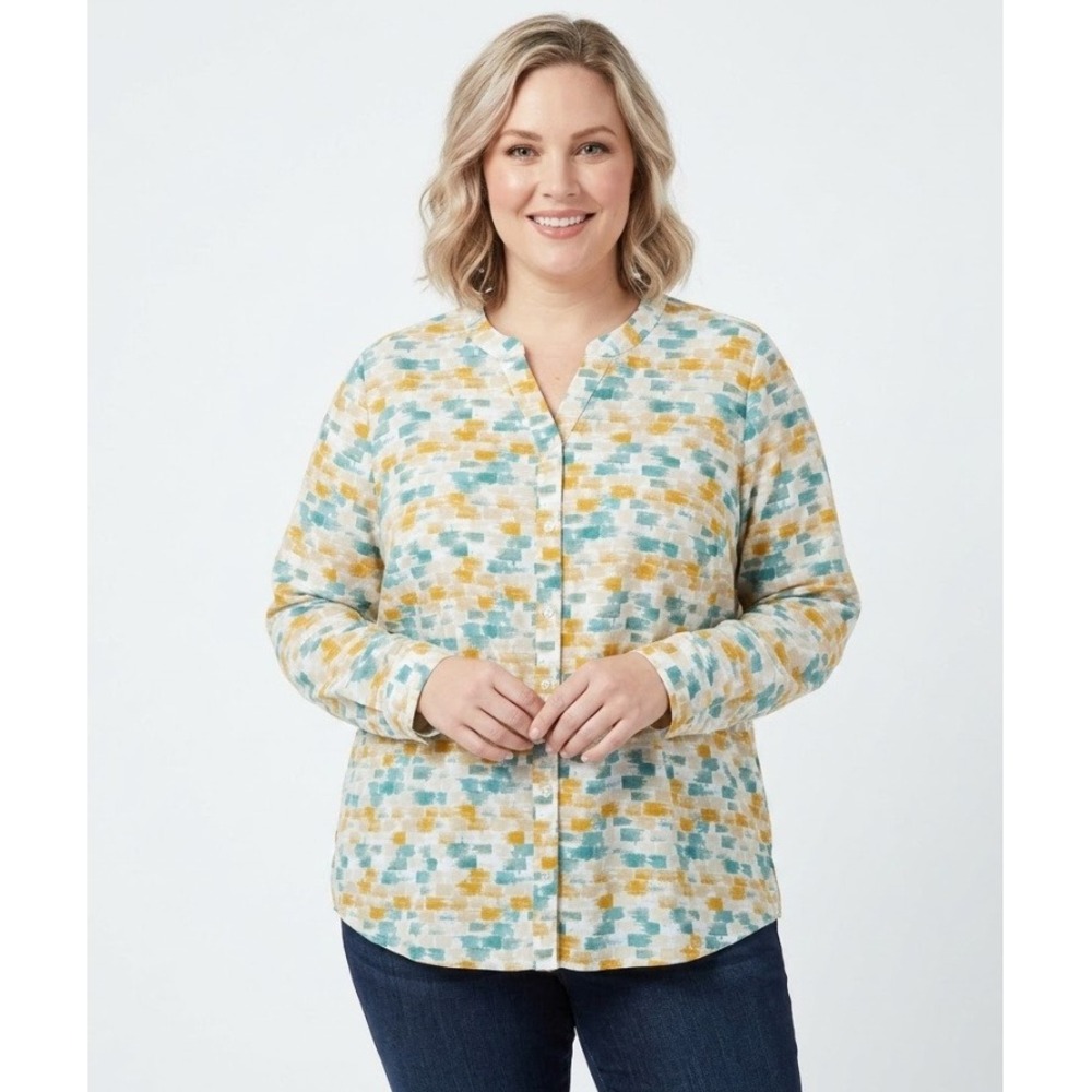 Denim & Co. Button Up‎ Blouse 2X Multicolor Abstract Print Long Sleeve Shirt